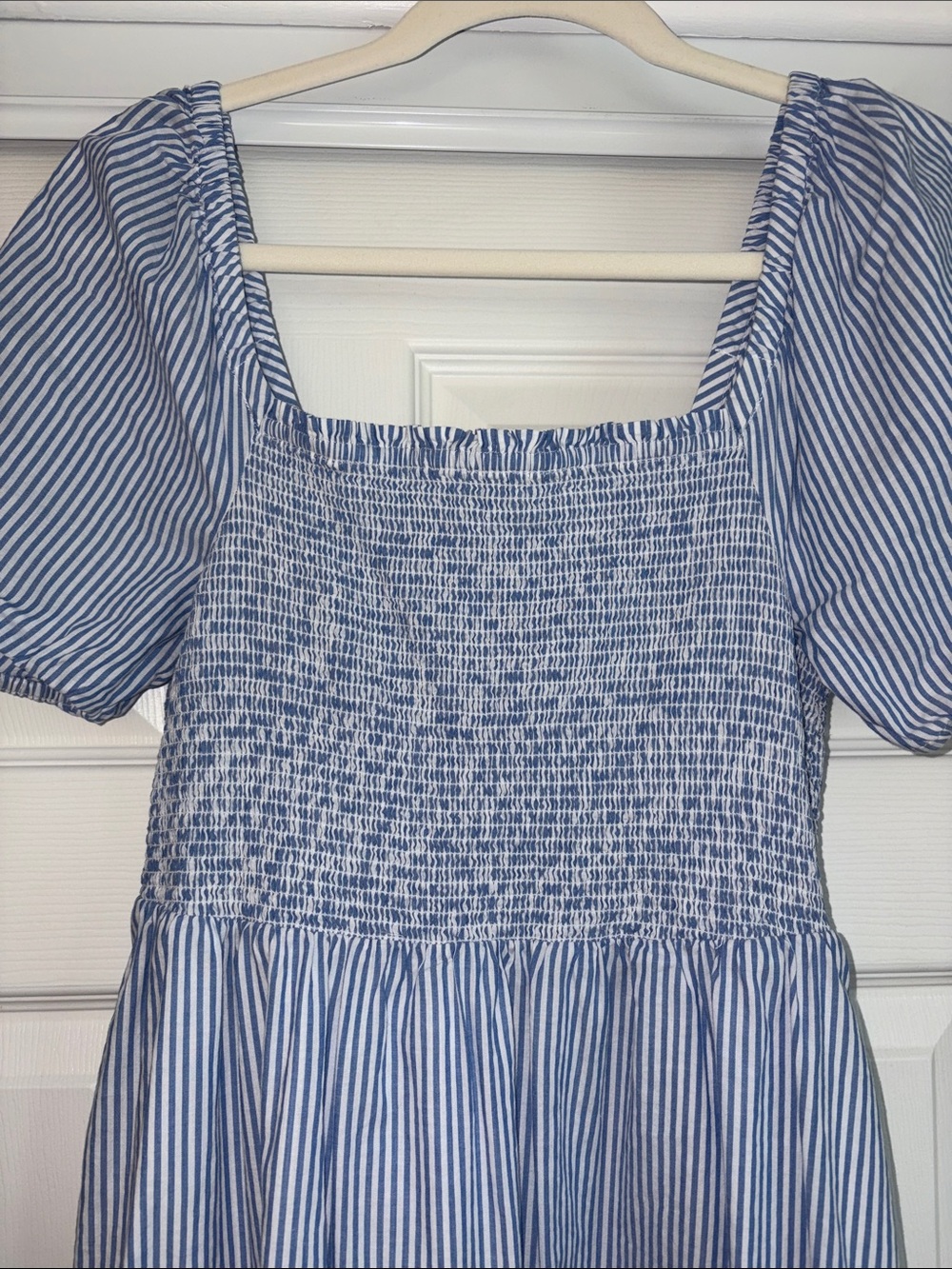 J. Crew Factory Blue and White Striped Smocked Midi Dress - Picture 2 of 8